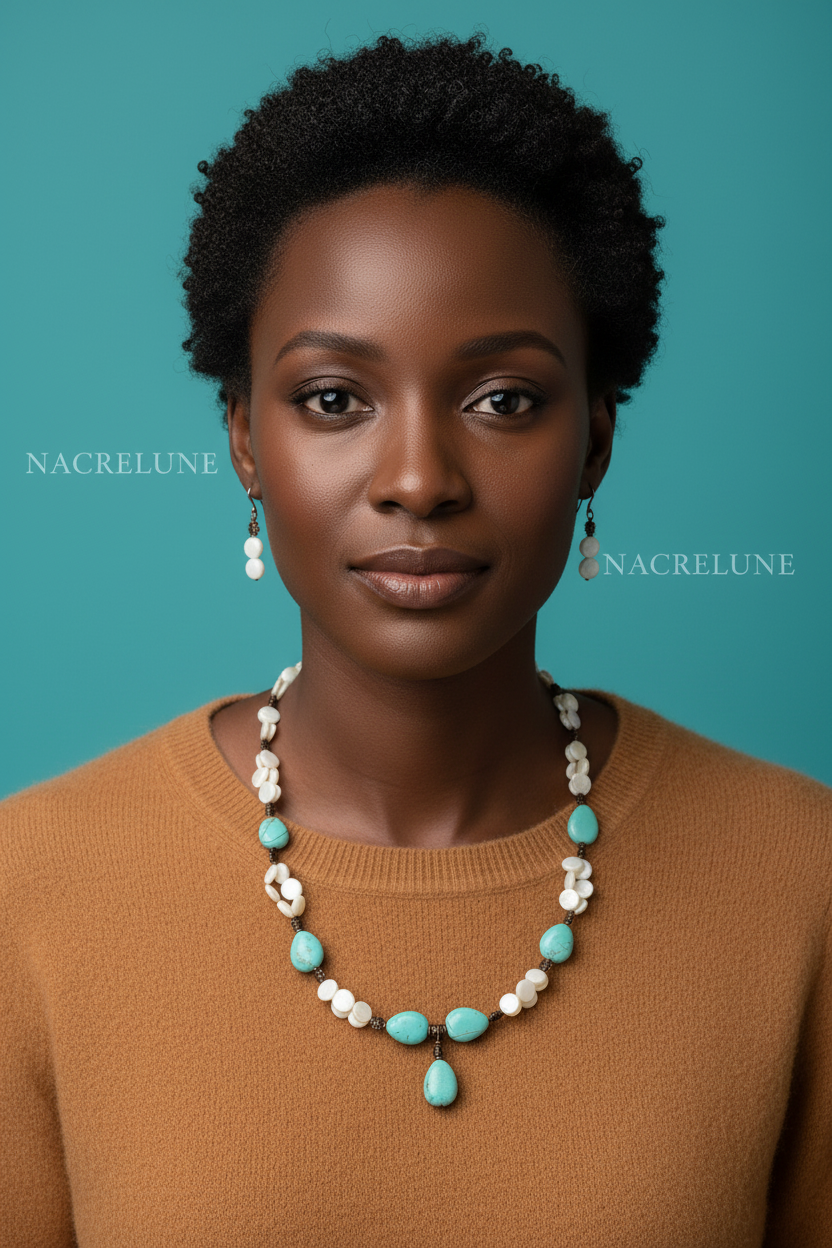parure en perles pastilles de nacre et perles en turquoise nacrelune.com parure