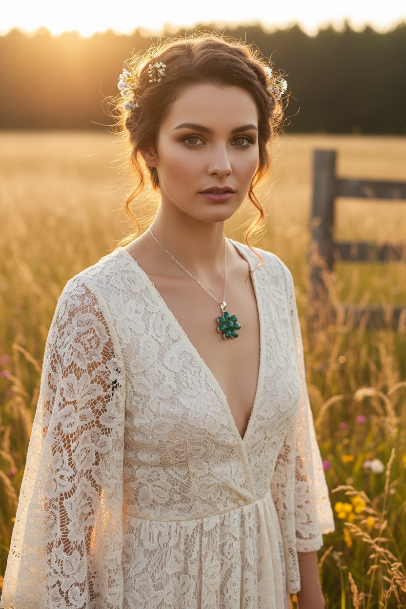 pendentif argent 925 avec émeraudes facettées NACRELUNE pendentif