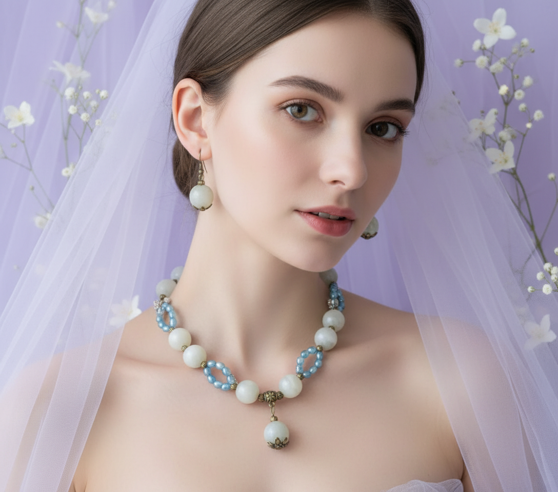 Parure pierres de lune grises et perles de culture bleues nacrelune.com parure