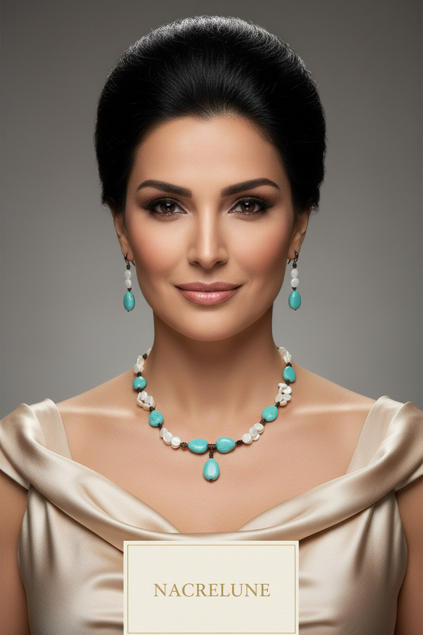 parure en perles pastilles de nacre et perles en turquoise nacrelune.com parure