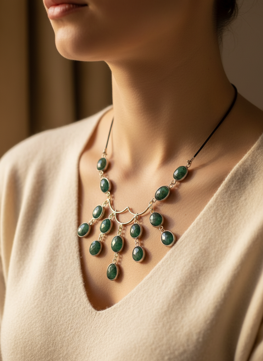 Collier en argent 925 avec émeraudes taillées sur lien de cuir nacrelune.com collier