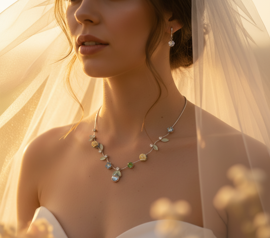 Collier avec strass et fleurs porcelaine NACRELUNE collier