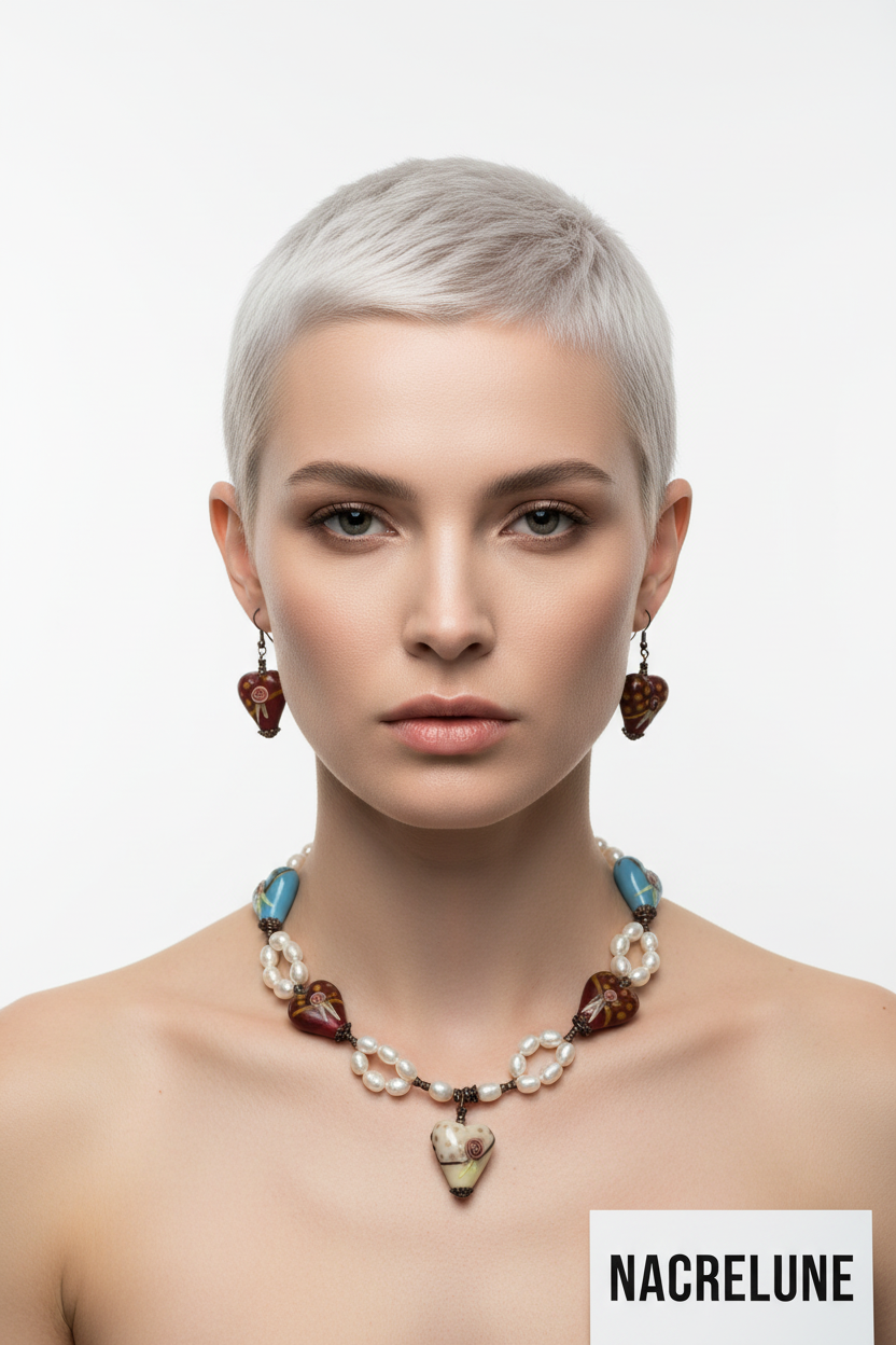 parure en perles de culture et coeurs en verre décoré nacrelune.com parure