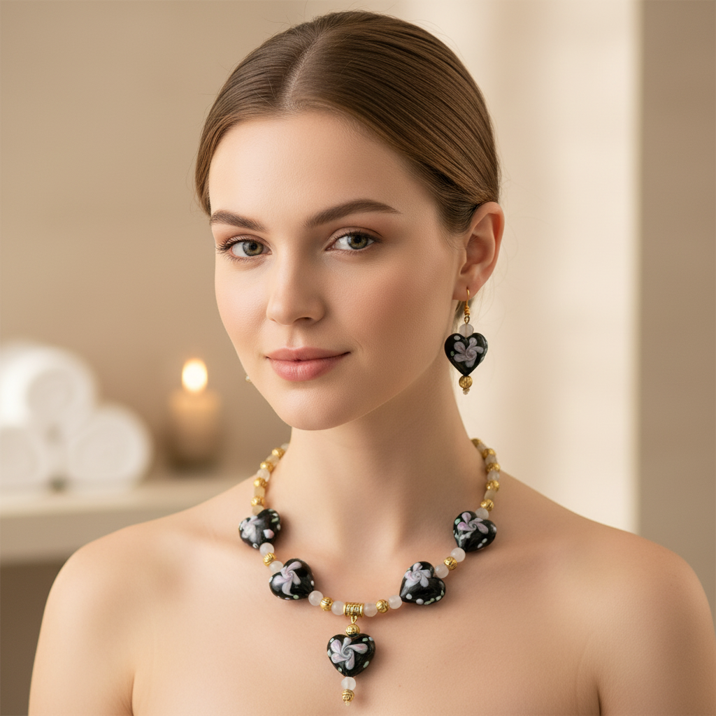 parure en perles de verre et coeurs en verre noir et rose décorés à la main NACRELUNE parure