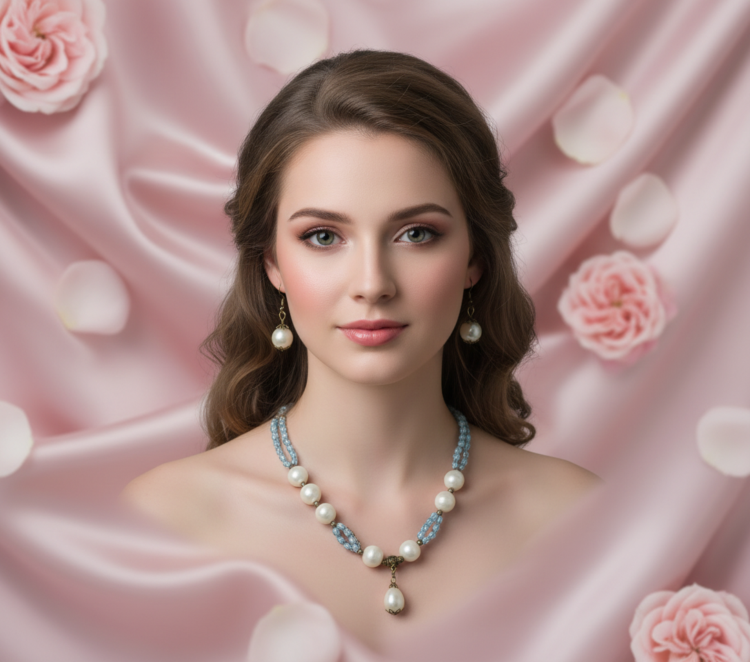 Parure pierres de lune grises et perles de culture bleues NACRELUNE parure