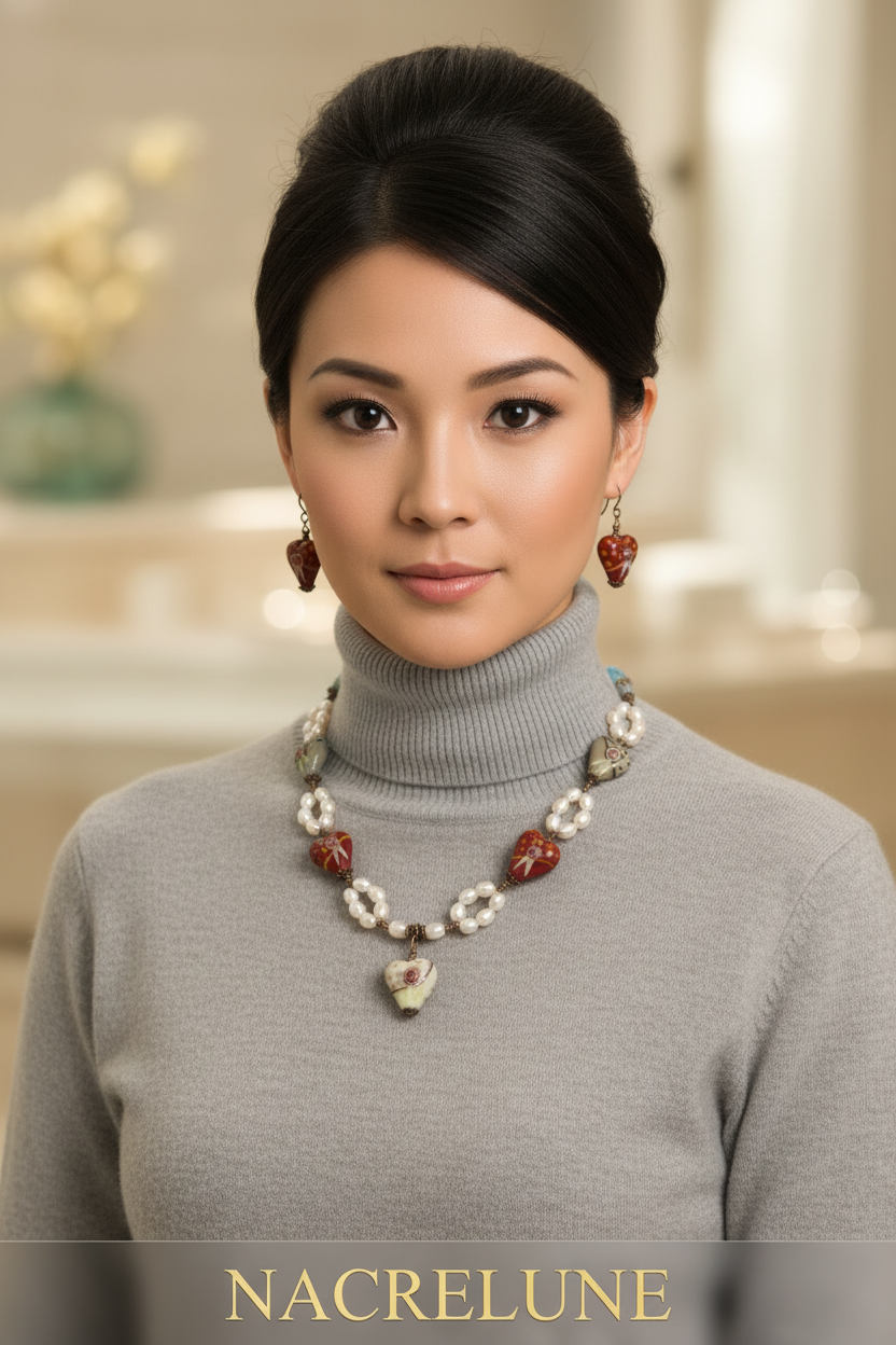 parure en perles de culture et coeurs en verre décoré nacrelune.com parure