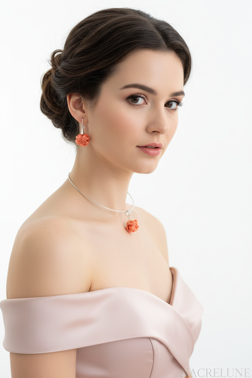 Parure Pivoine Corail | Collier Ras-de-Cou Rigide & Boucles d'Oreilles NACRELUNE parure