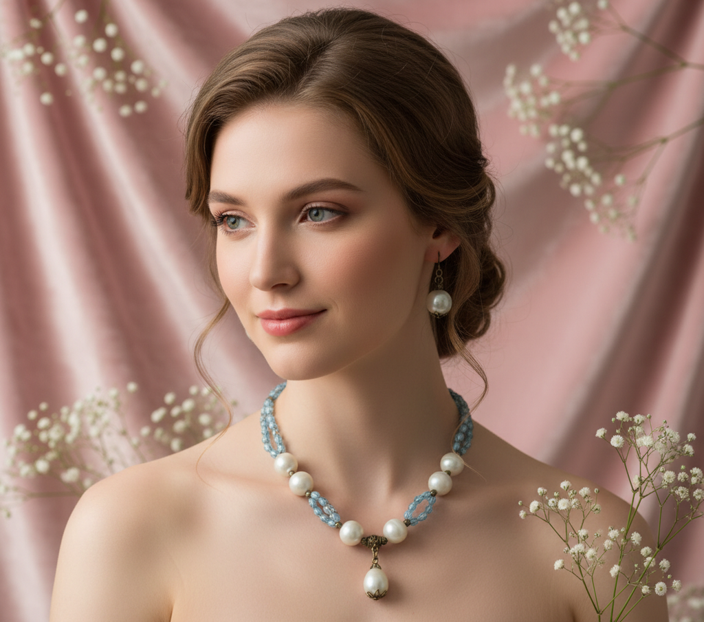 Parure pierres de lune grises et perles de culture bleues nacrelune.com parure