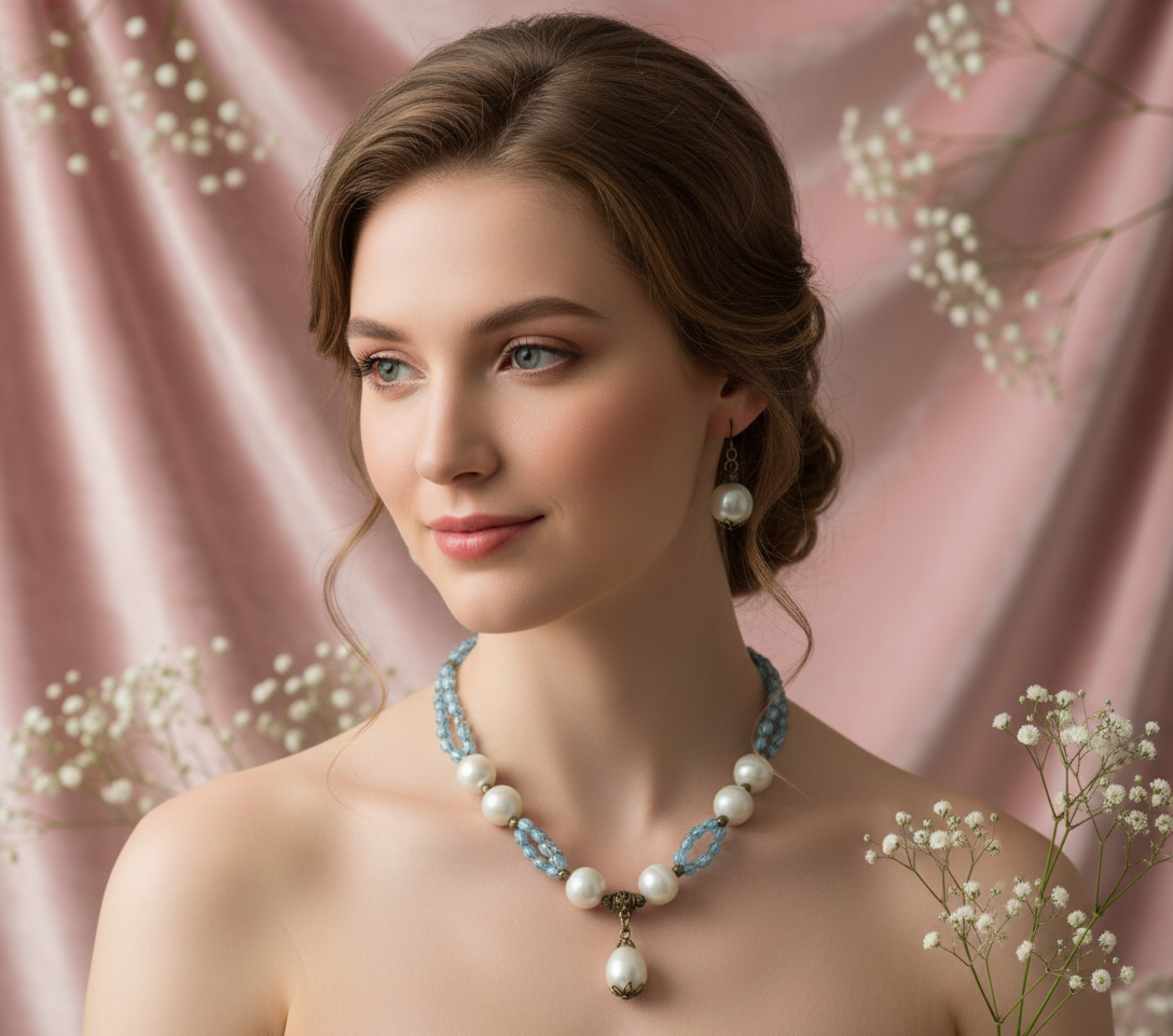 Parure pierres de lune grises et perles de culture bleues nacrelune.com parure