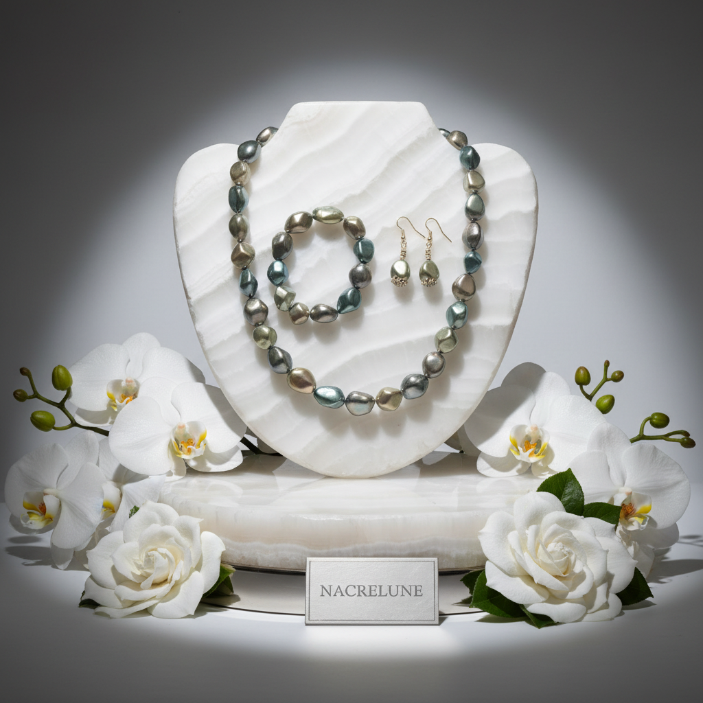 parure complète en perles de nacre métallisé baroques nacrelune.com parure
