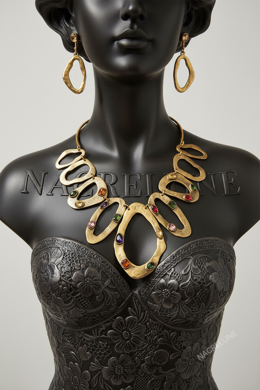 Parure Metal Martele Dore & Zirconias Multicolores - Eclat Colore & Chic Contemporain | NACRELUNE NACRELUNE parure