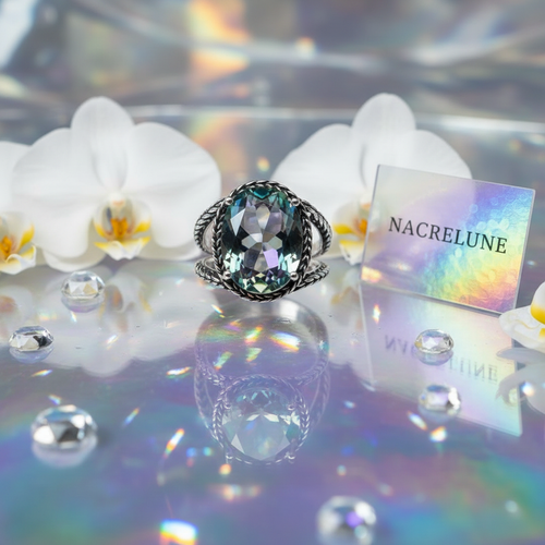 Bague en argent 925 avec topaze traitée mystique multicolore 59 nacrelune.com Bague