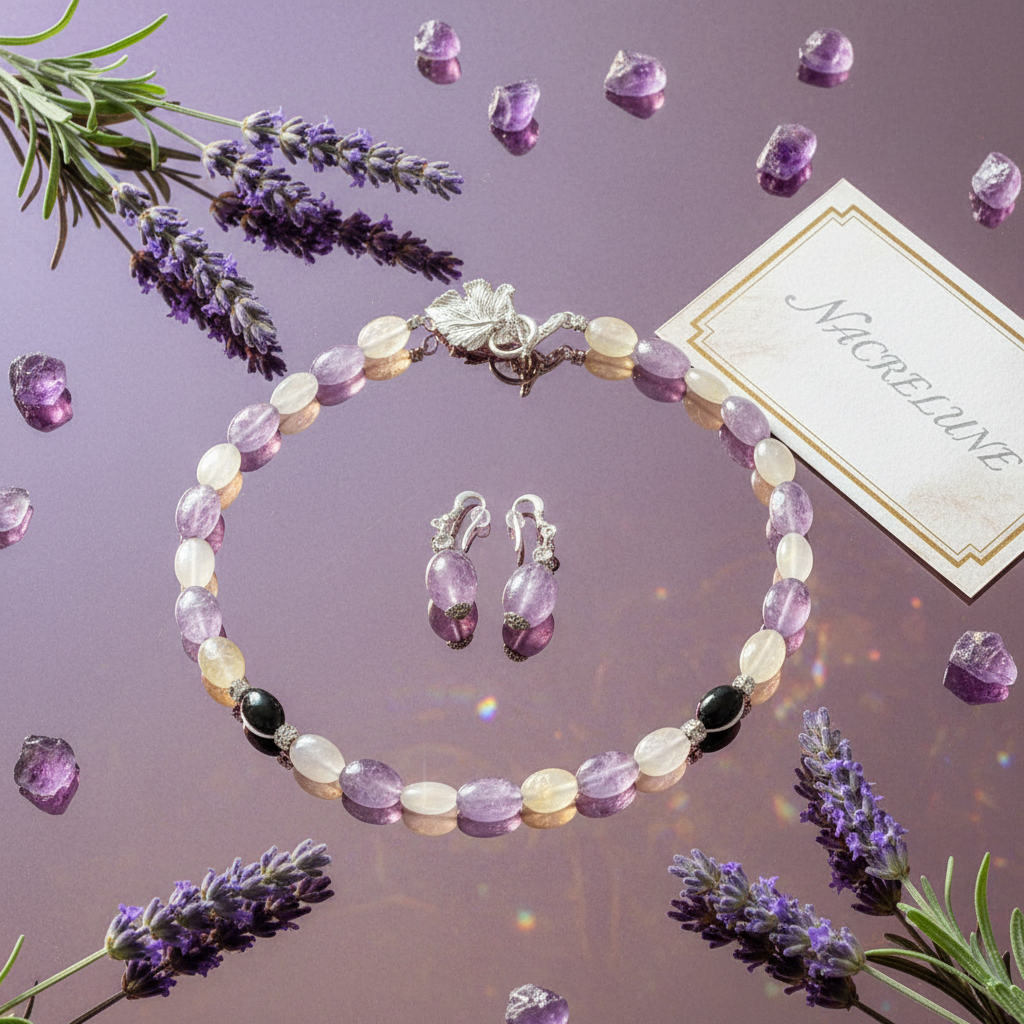 parure en perles naturelles d'améthystes citrines et onyx nacrelune.com parure