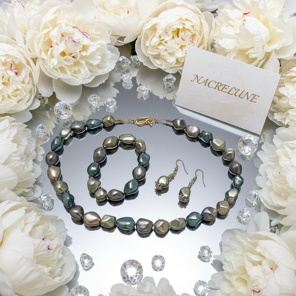 parure complète en perles de nacre métallisé baroques nacrelune.com parure