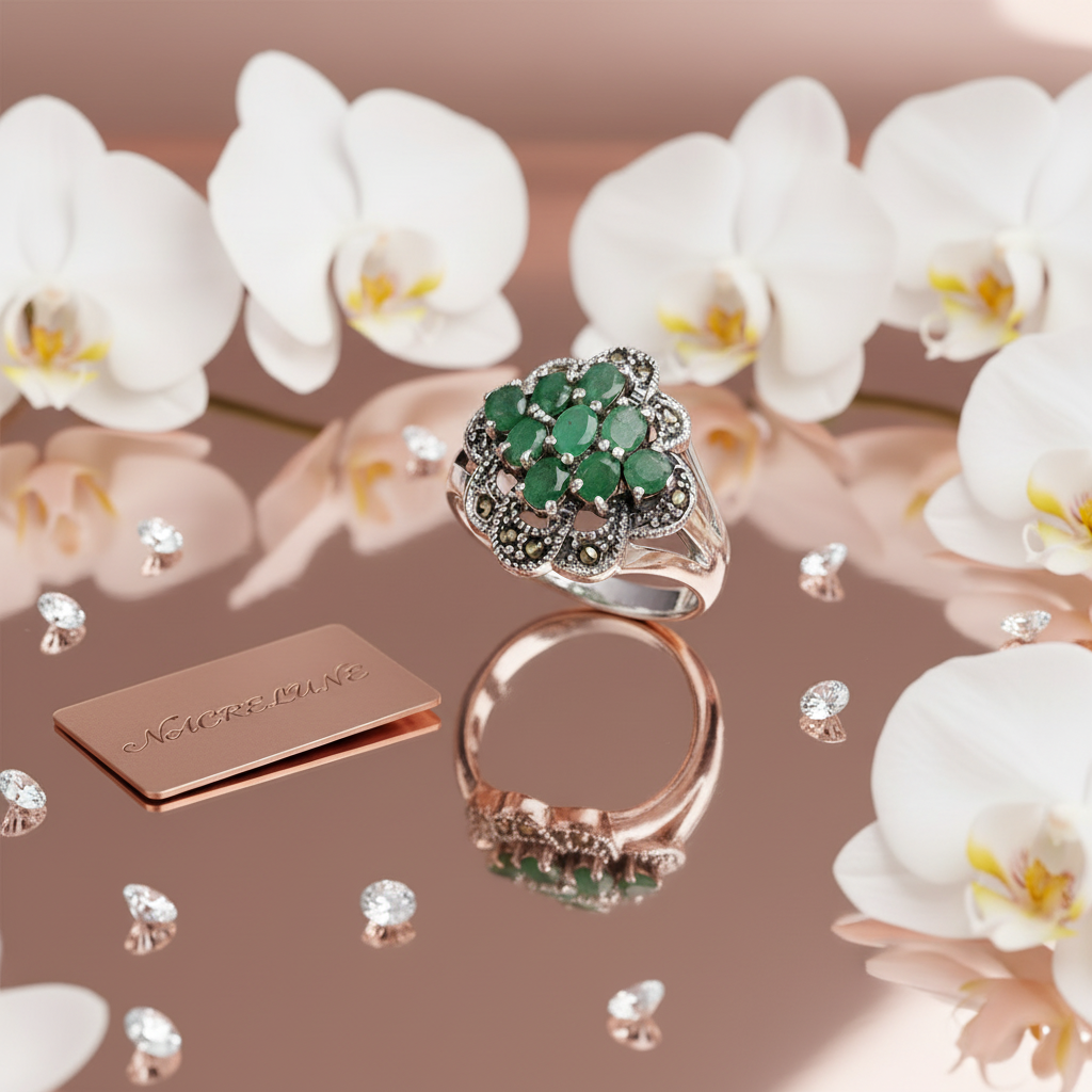 Bague en argent véritable et marcassites avec émeraudes vraies nacrelune.com Bague