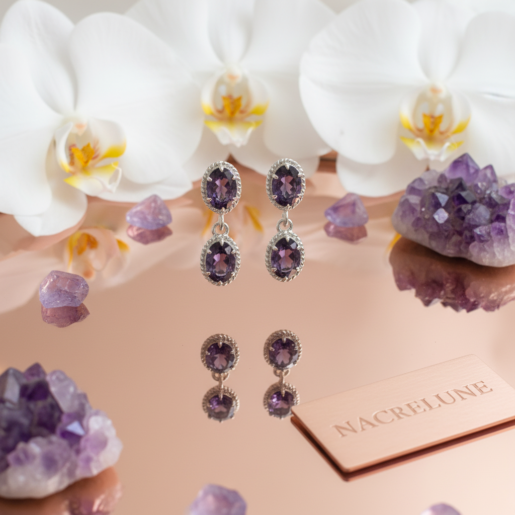 Boucles d'oreilles en argent et améthystes taillées nacrelune.com boucles d'oreille