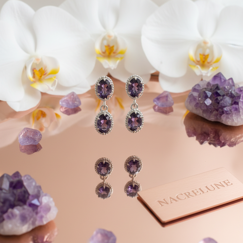 Boucles d'oreilles en argent et améthystes taillées nacrelune.com boucles d'oreille