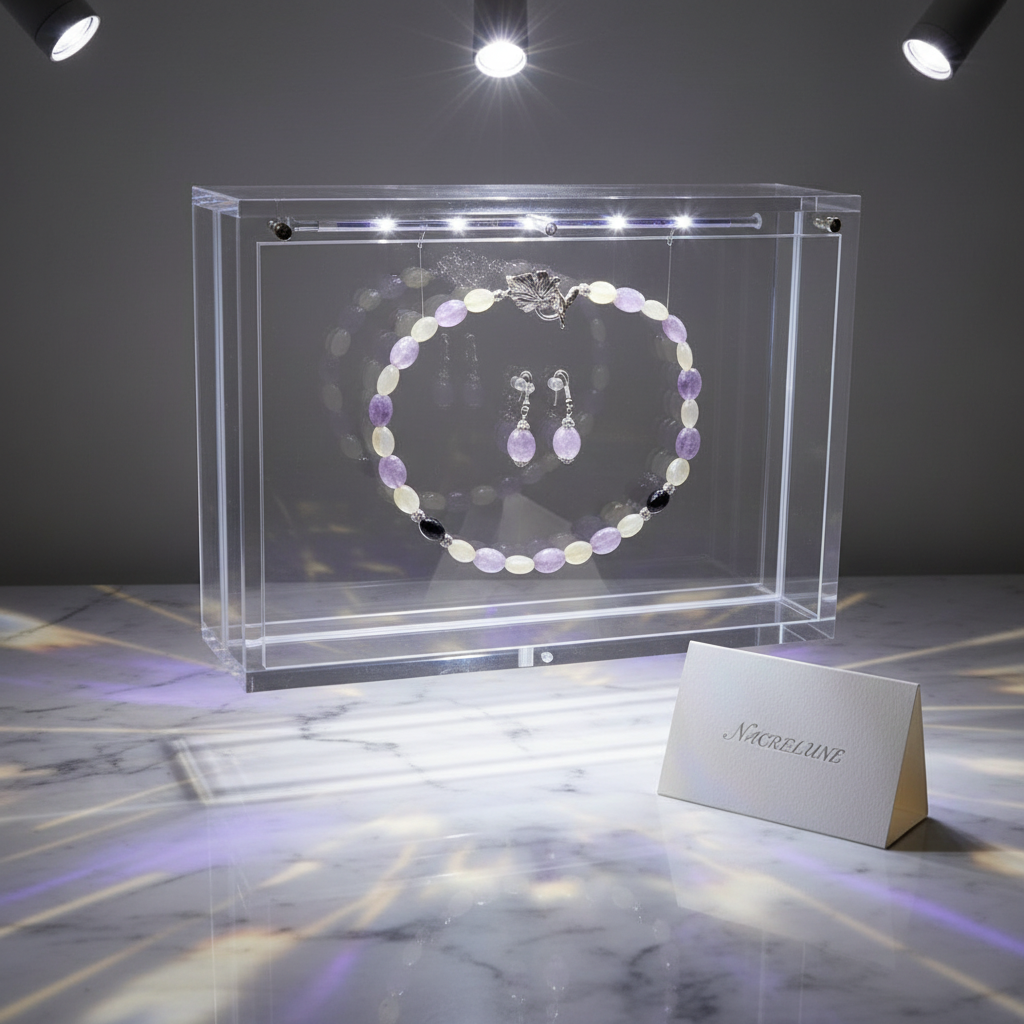 parure en perles naturelles d'améthystes citrines et onyx Violet nacrelune.com parure