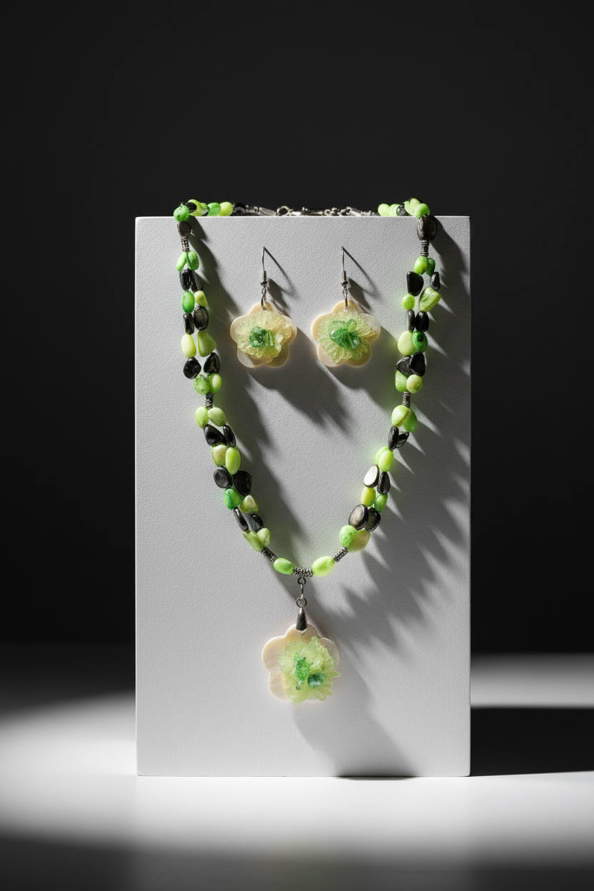 Parure perles de nacre colorées avec fleur en nacre nacrelune.com parure