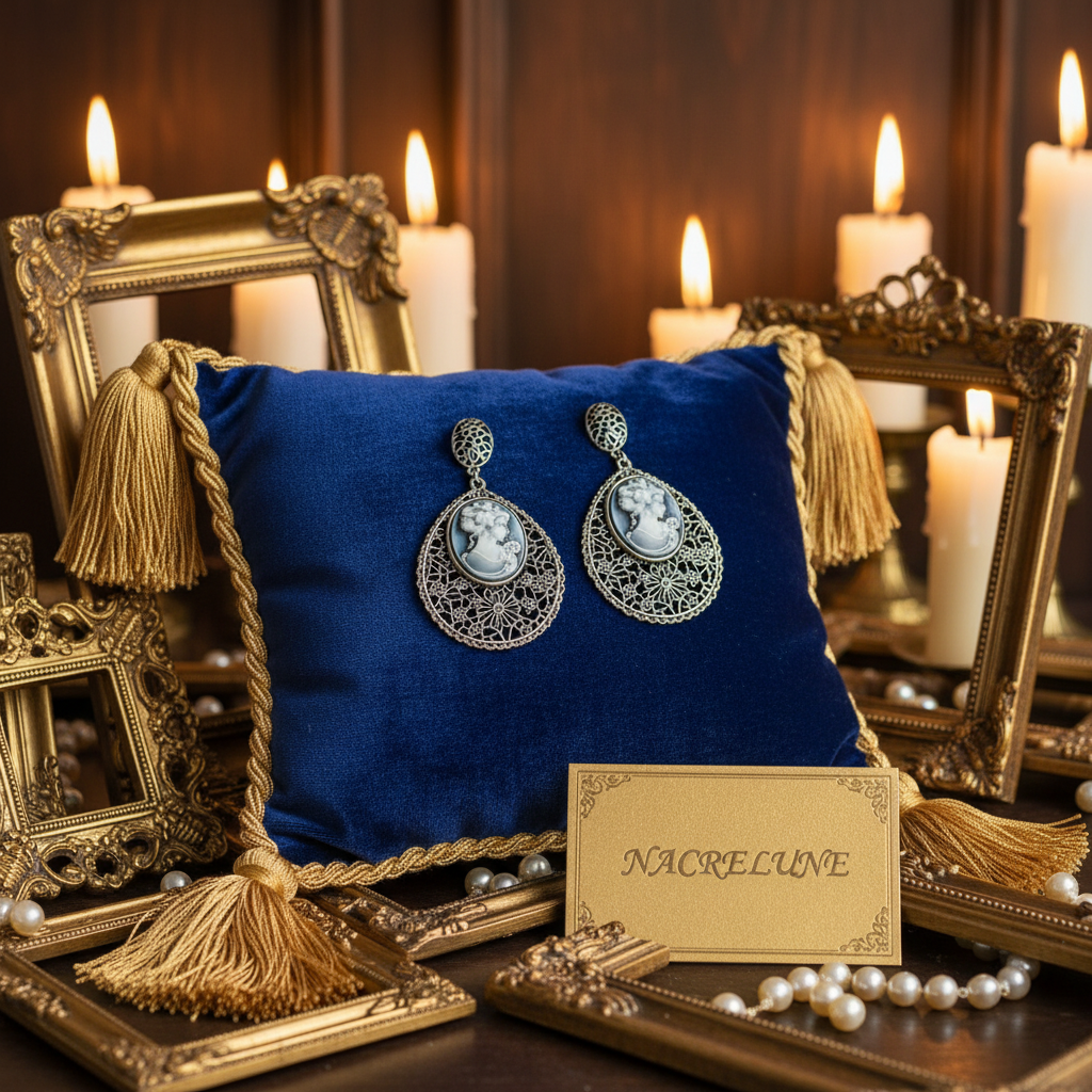 Grandes boucles d'oreille en forme de camée bleu fantaisie nacrelune.com boucles d'oreille