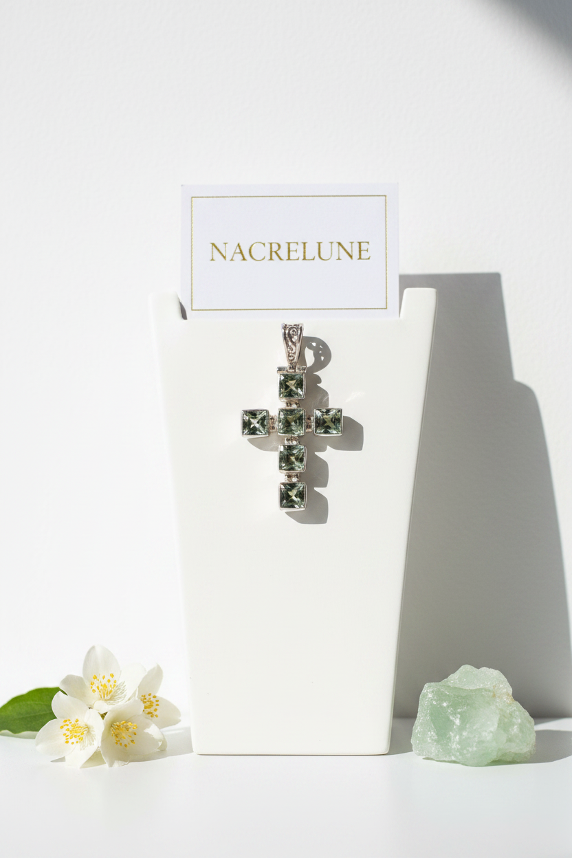 Pendentif Croix en Argent Véritable & Améthystes Vertes – NACRELUNE NACRELUNE pendentif
