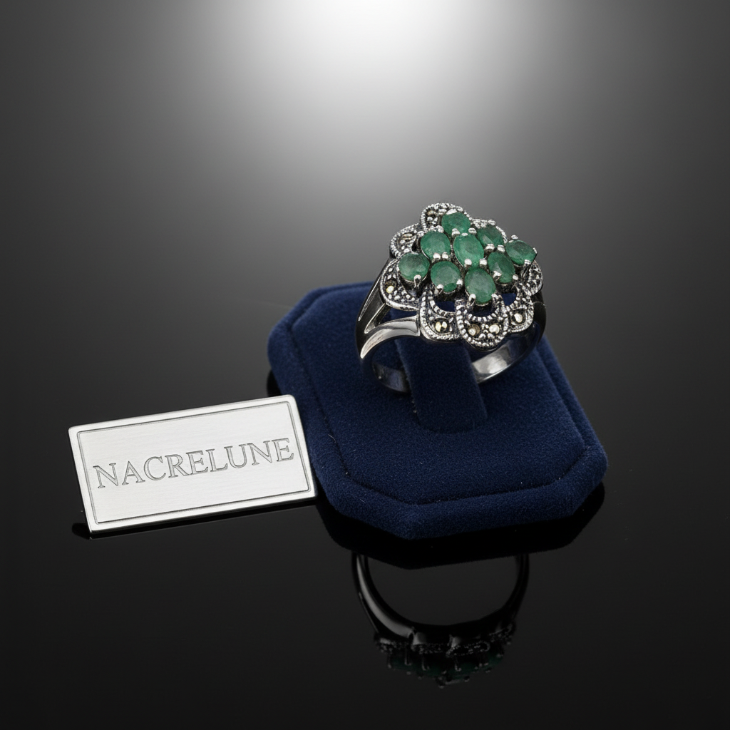 Bague en argent véritable et marcassites avec émeraudes vraies nacrelune.com Bague