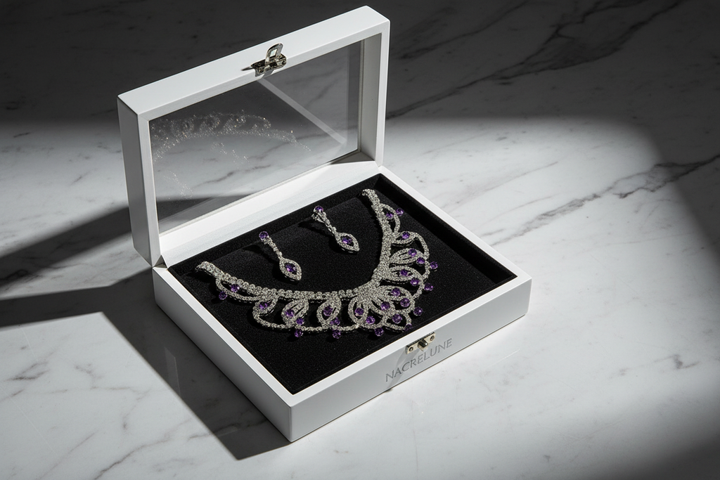 Parure en strass blancs et topazes Violet améthyste nacrelune.com parure