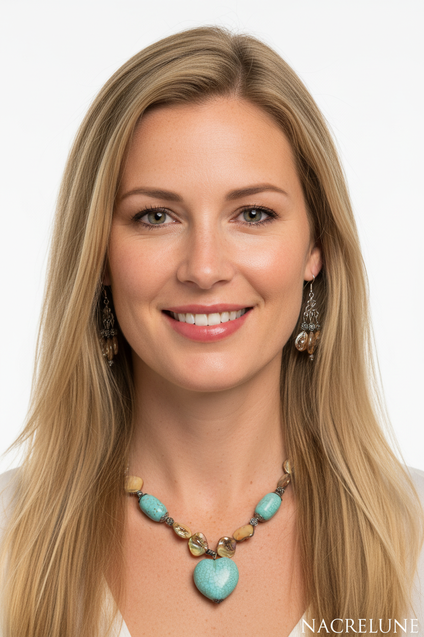 Parure Turquoises & Perles de Nacre – Collier et Boucles Cœur | NACRELUNE nacrelune.com parure