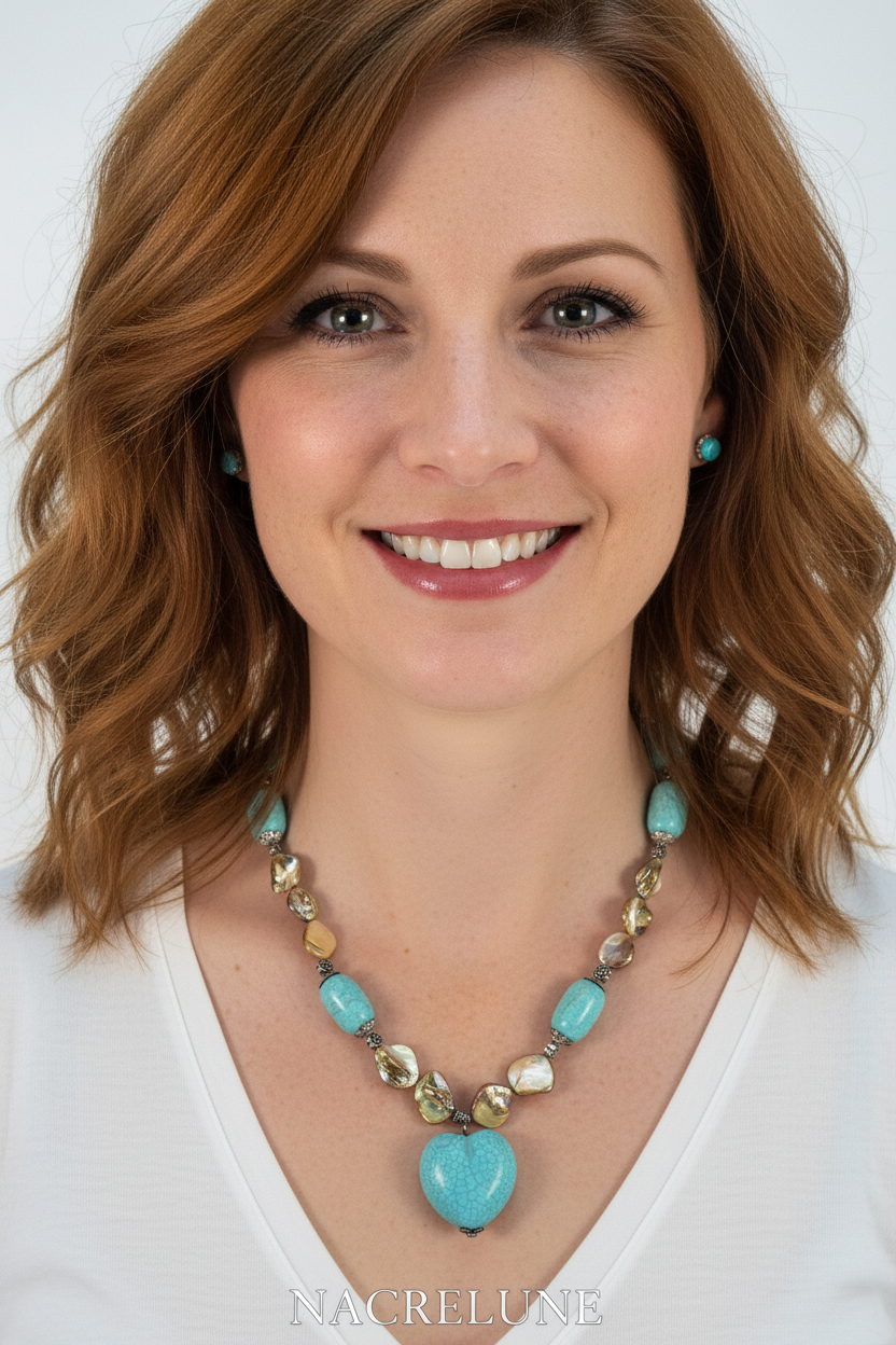Parure Turquoises & Perles de Nacre – Collier et Boucles Cœur | NACRELUNE nacrelune.com parure
