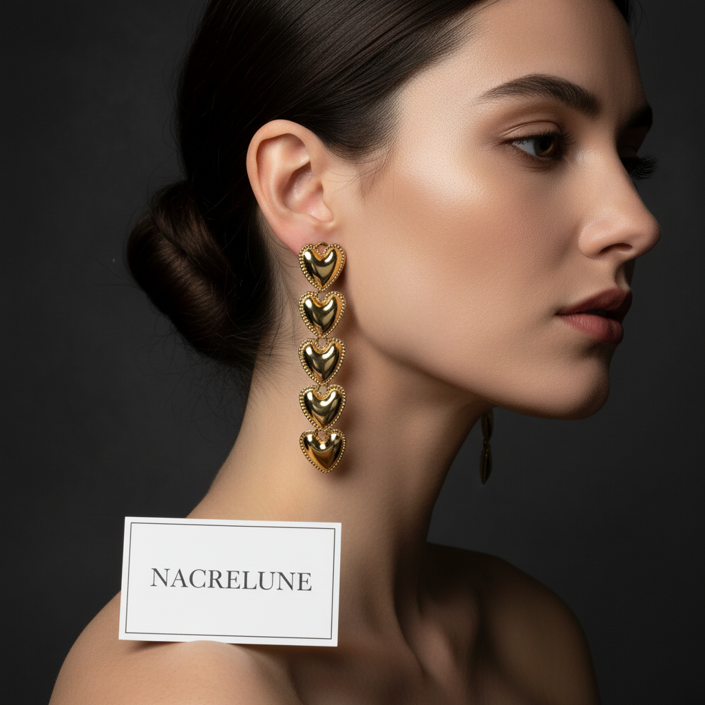 Real woman wearing heart earrings - dark background