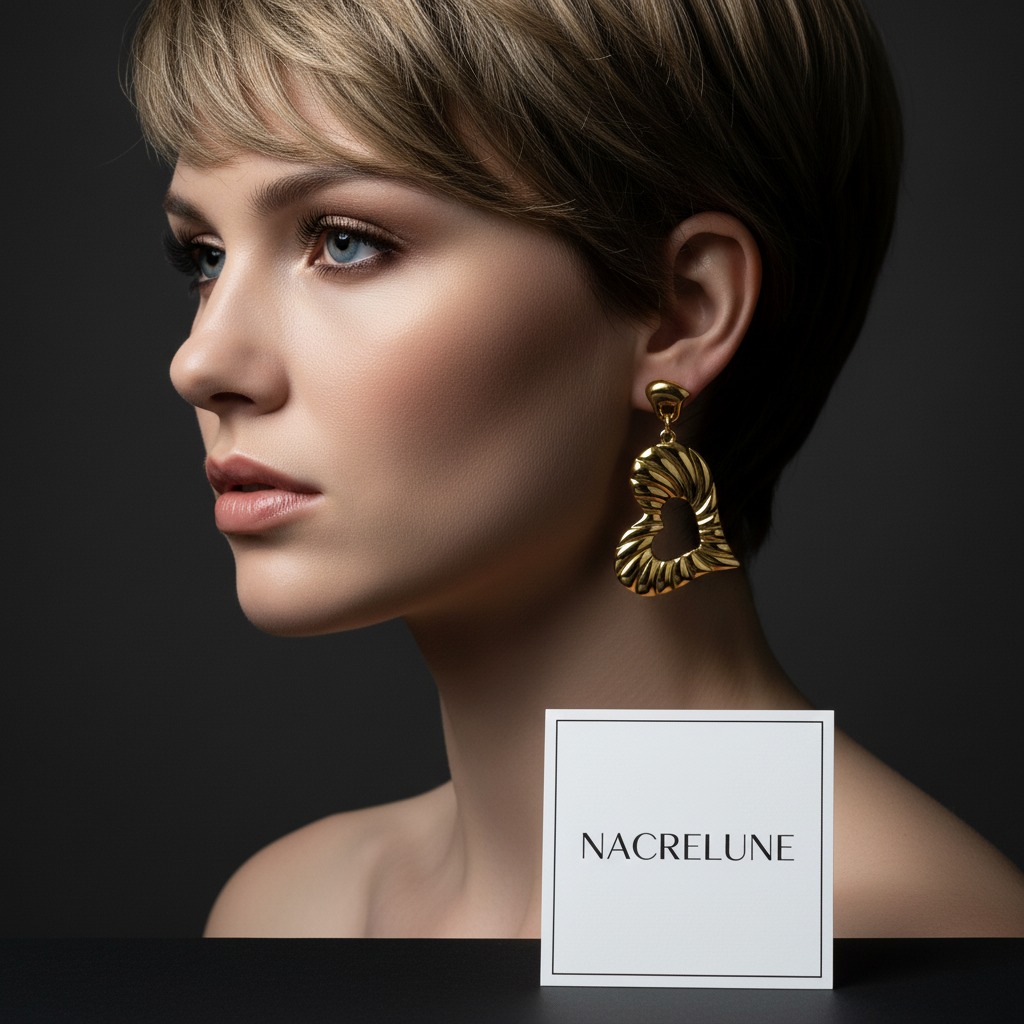 Real woman wearing heart earrings - dark background
