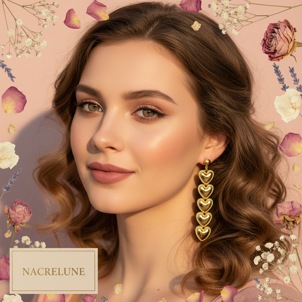 Real woman wearing heart earrings - vintage styling