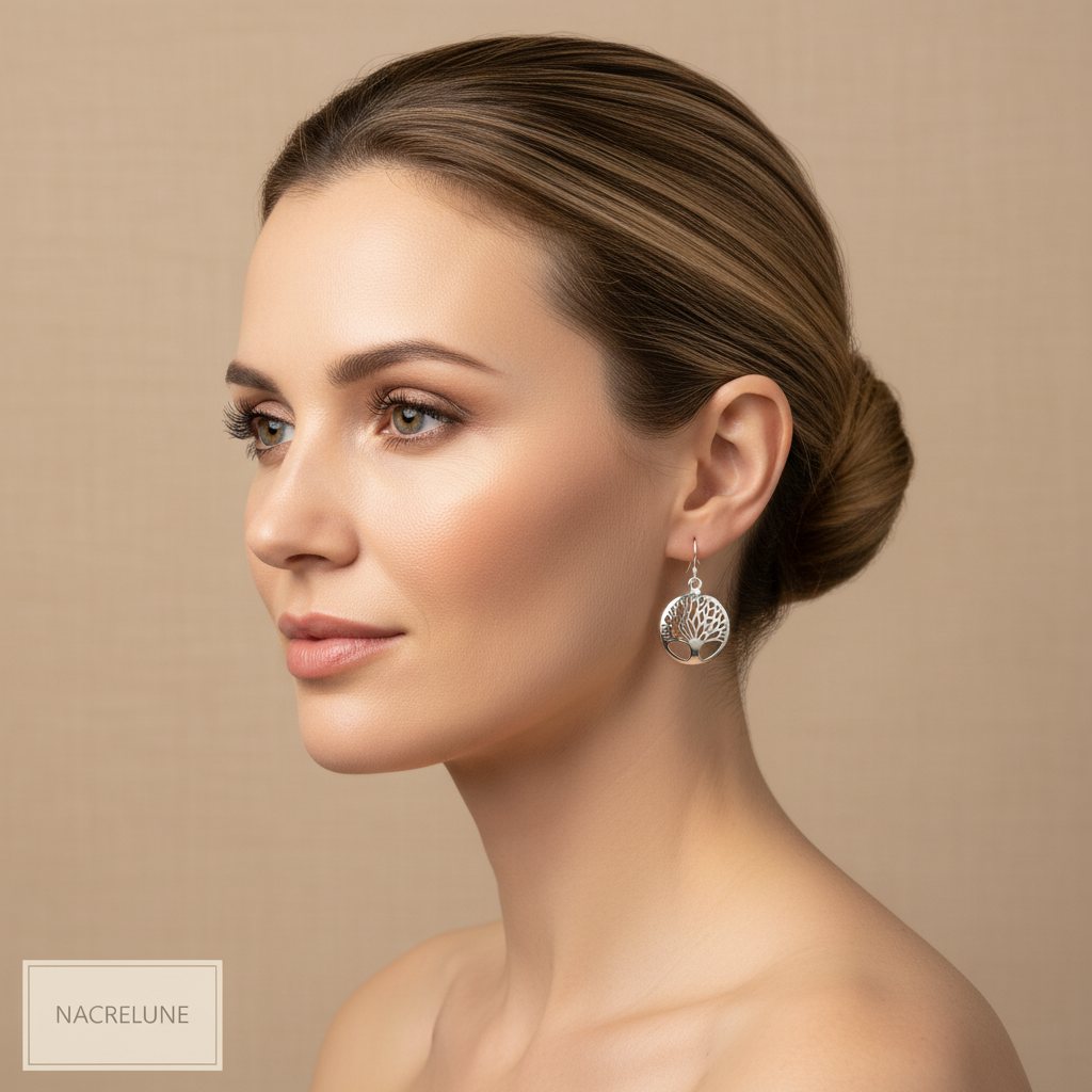 Boucles d'Oreilles en forme d'Arbre de Vie en Argent - Bijou Tendance Spiritualité Nature nacrelune.com boucles d'oreille