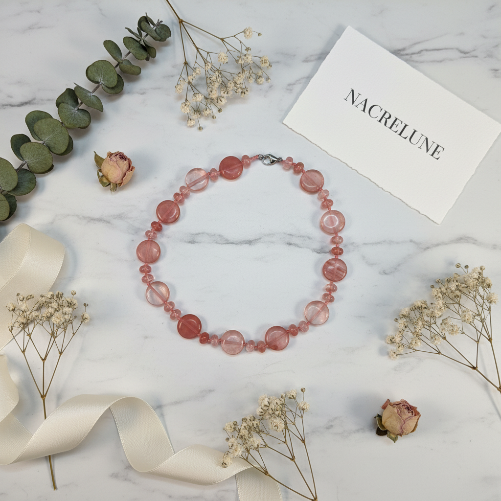 Collier artisanal en perles de quartz rouge nacrelune.com collier
