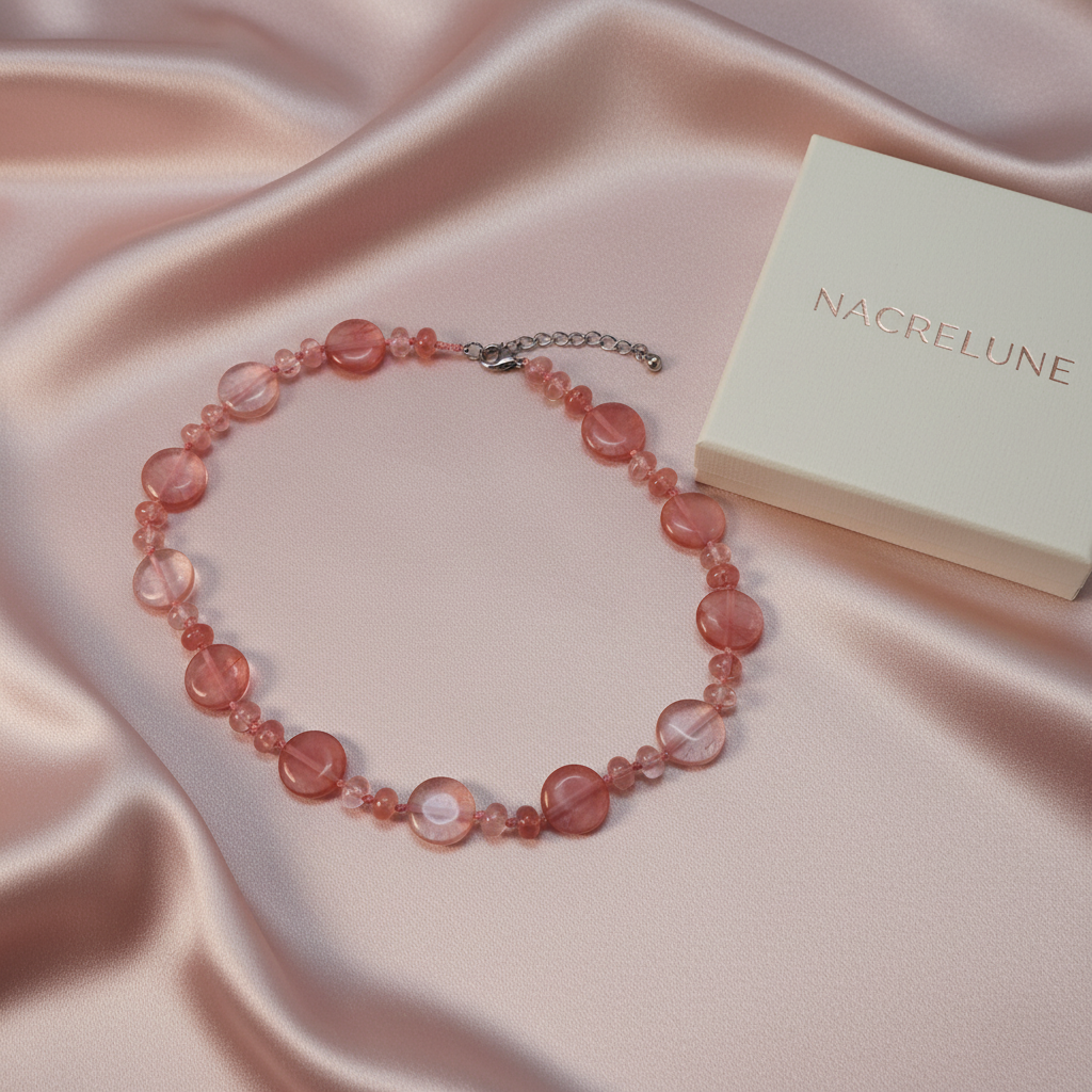 Collier artisanal en perles de quartz rouge nacrelune.com collier