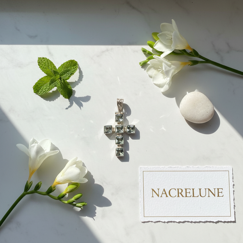 Pendentif Croix en Argent Véritable & Améthystes Vertes – NACRELUNE NACRELUNE pendentif