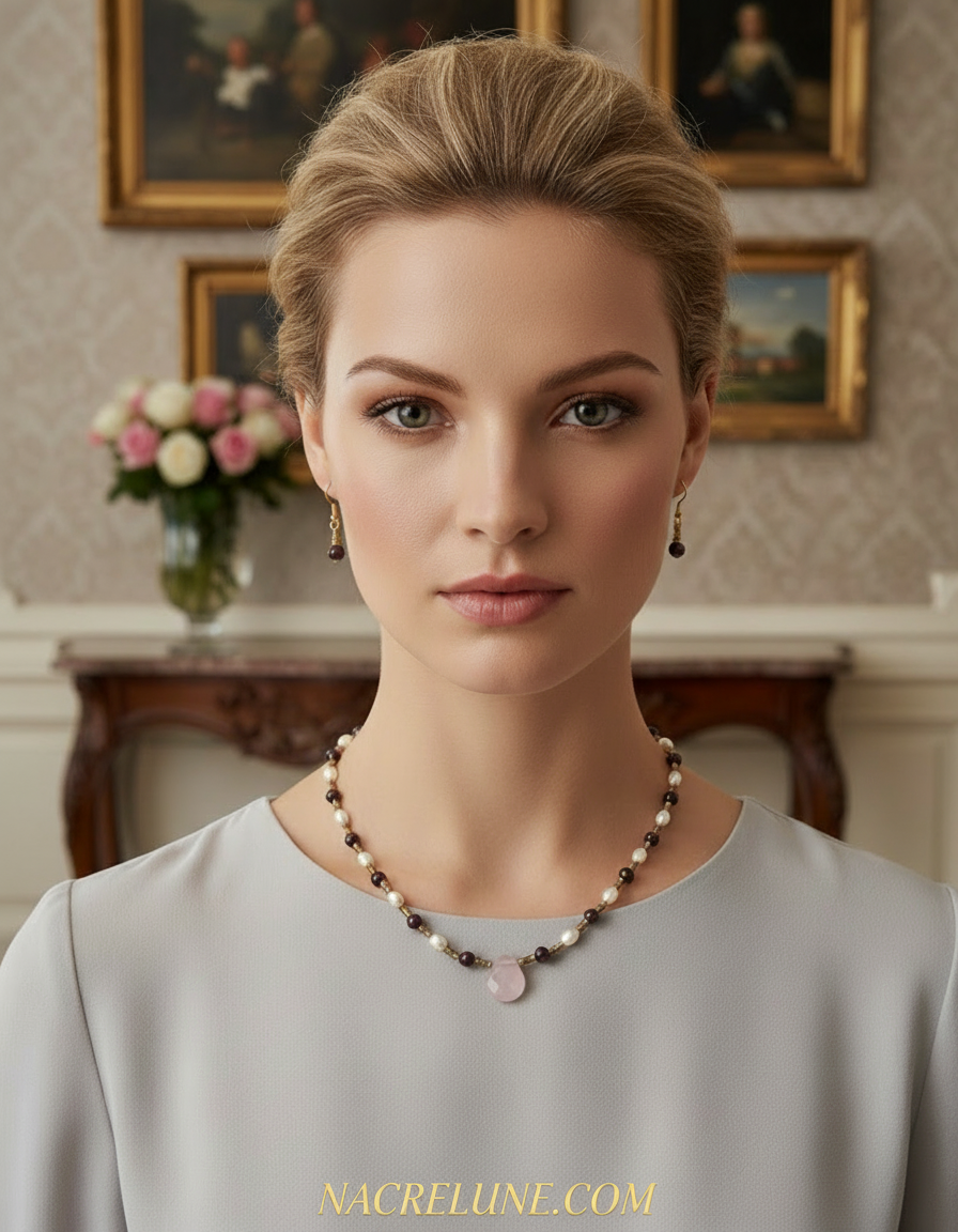 Parure petits rubis polis véritables avec perles de culture et quartz rose sculpté NACRELUNE parure