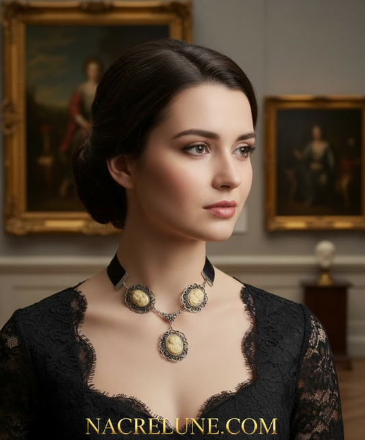 Collier avec ruban de satin et 3 camées représentant des jeunes filles, choisissez  votre couleur