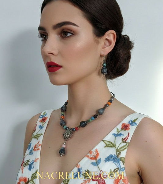 Parure en perles d’agate grise et porcelaine colorées NACRELUNE parure