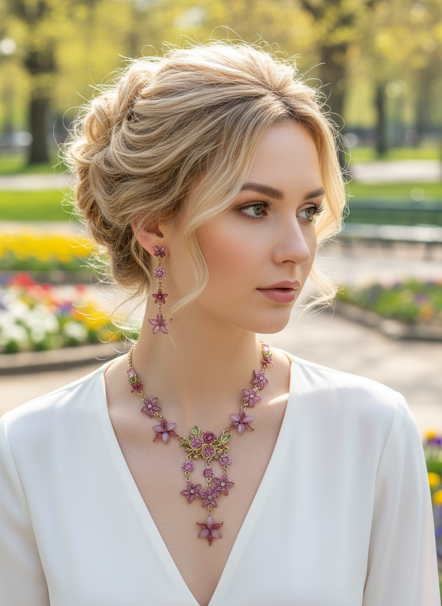 Parure fleurs en émail rose nacrelune.com parure