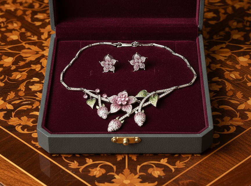Parure en strass rose en forme de fleurs nacrelune.com parure