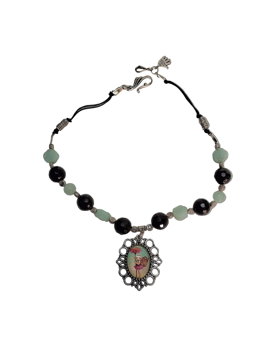 Collier en perles d'aigue marines et grenats véritables avec camée petite fée des fleurs nacrelune.com collier