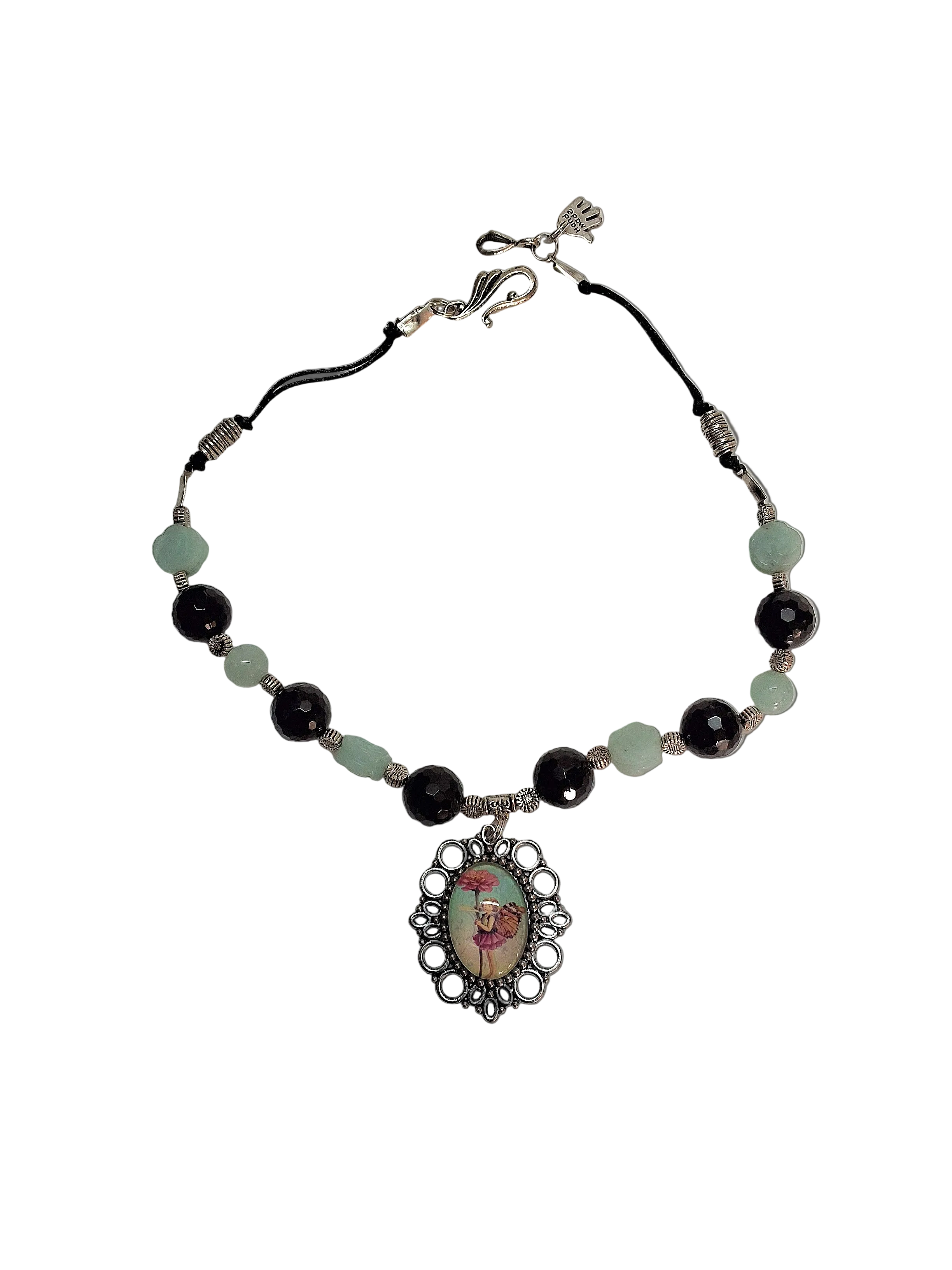 Collier en perles d'aigue marines et grenats véritables avec camée petite fée des fleurs nacrelune.com collier