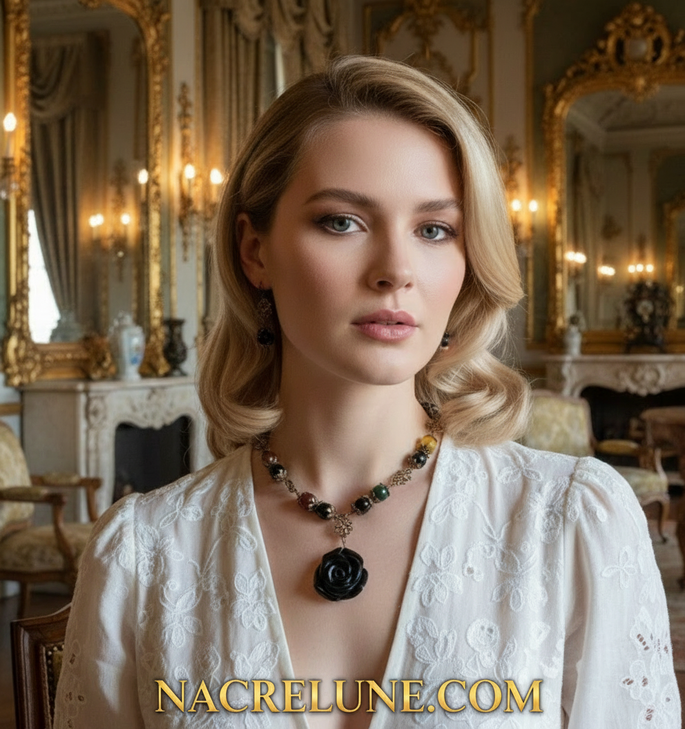 Parure en perles d'agates multicolores et rose sculptée en onyx nacrelune.com parure