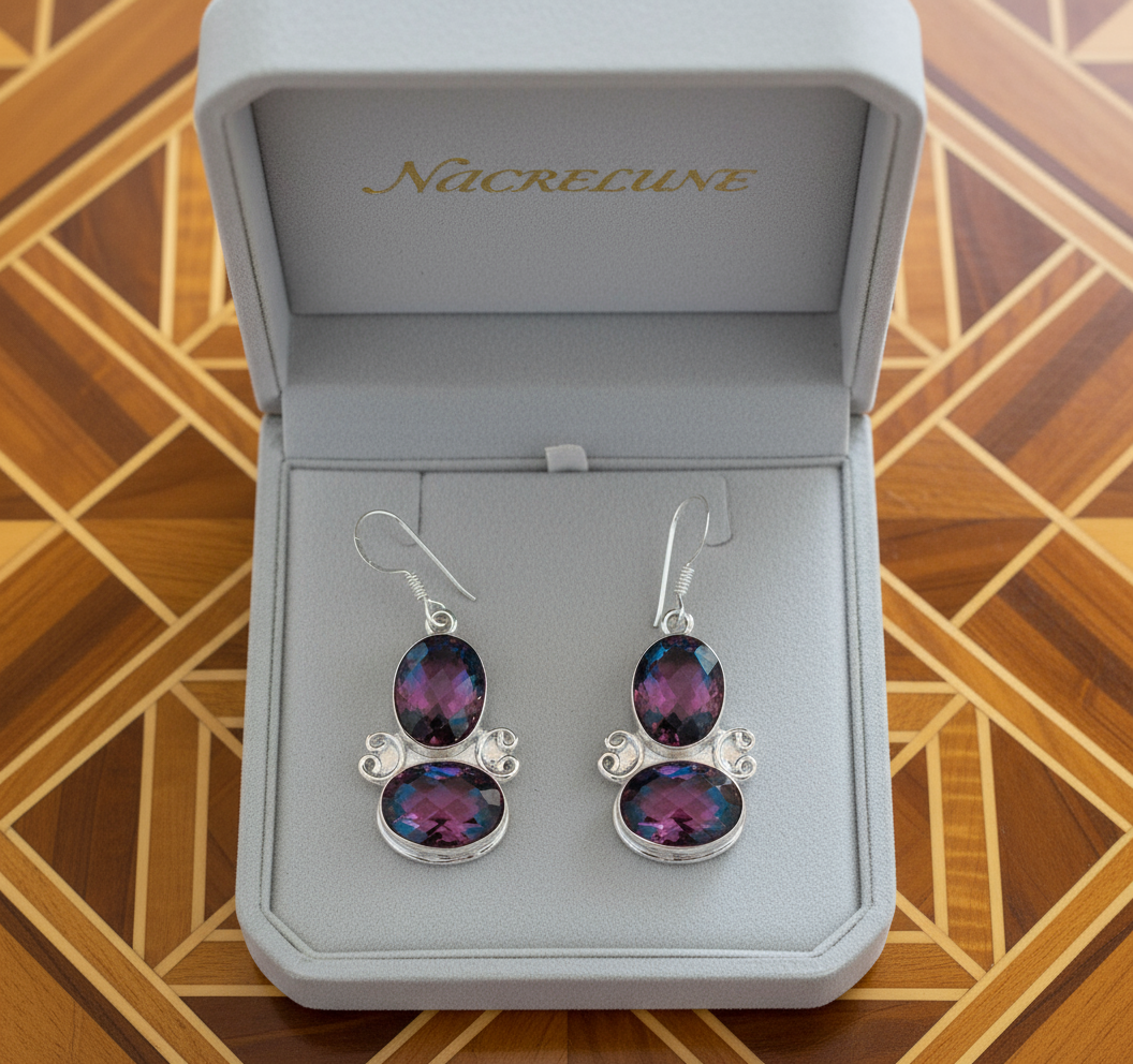 Boucles d'oreille en argent avec topaze mystique bleu-rouge nacrelune.com boucles d'oreille