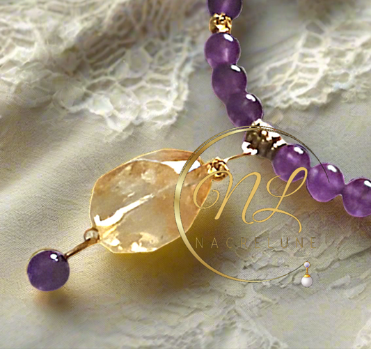 Parure en perles d'améthystes véritable et grande citrine facettée