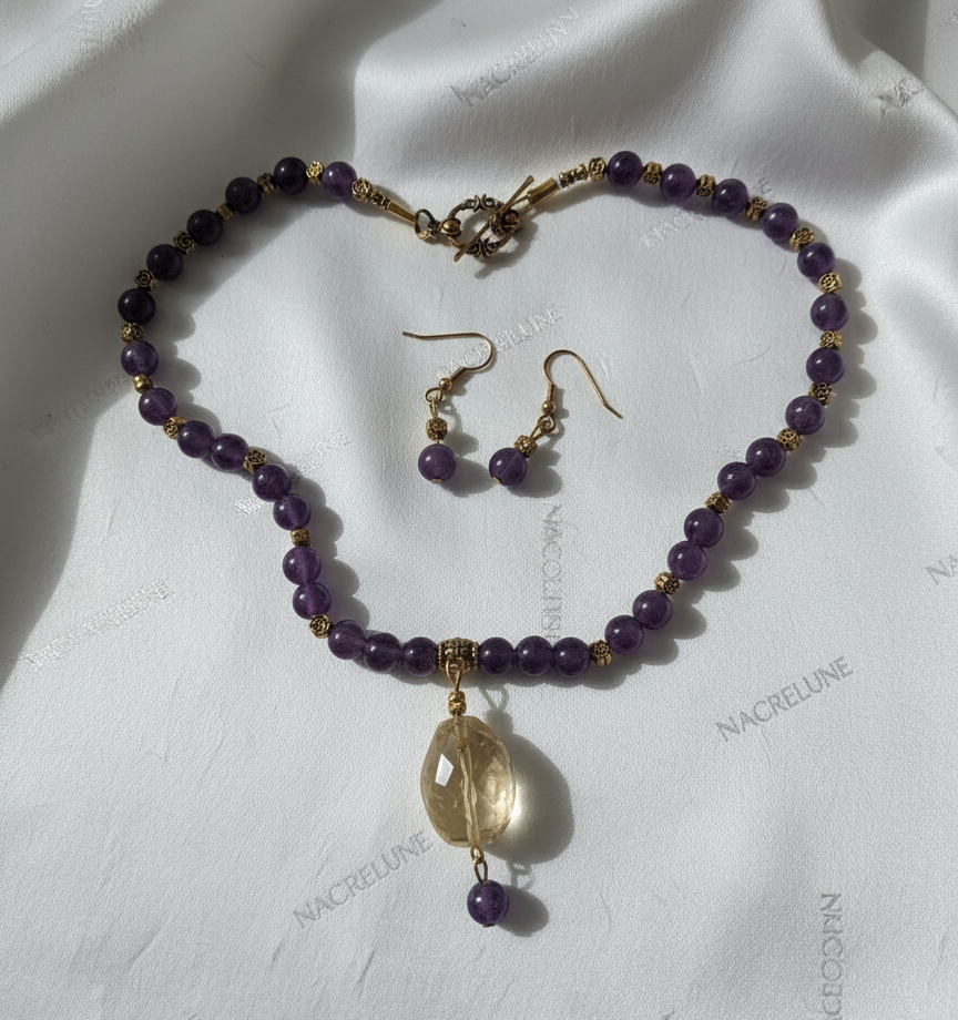 Parure en perles d'améthystes véritable et grande citrine facettée nacrelune.com parure