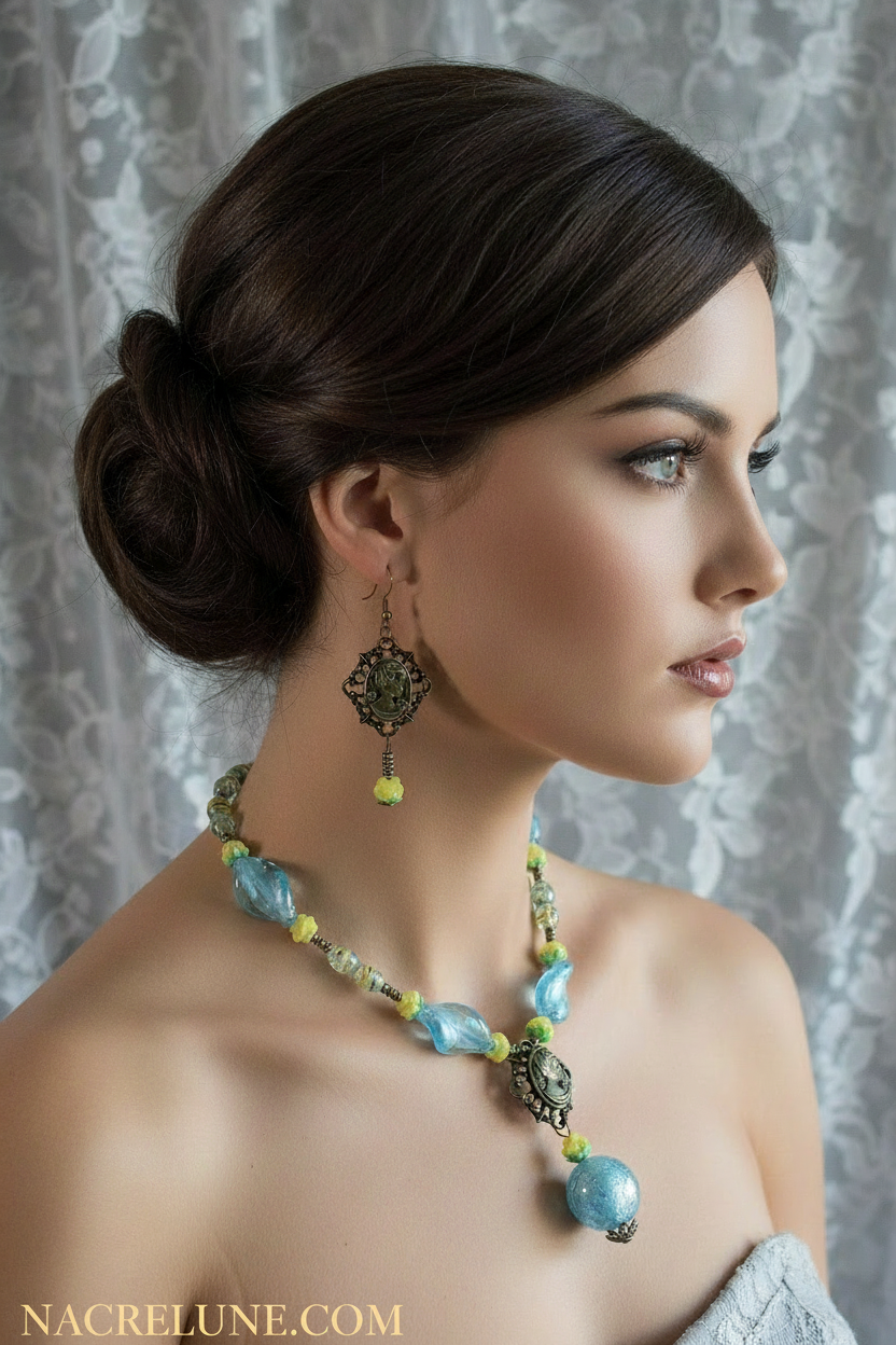 Parure en perles de verre bleue et jaune avec camée en métal nacrelune.com parure