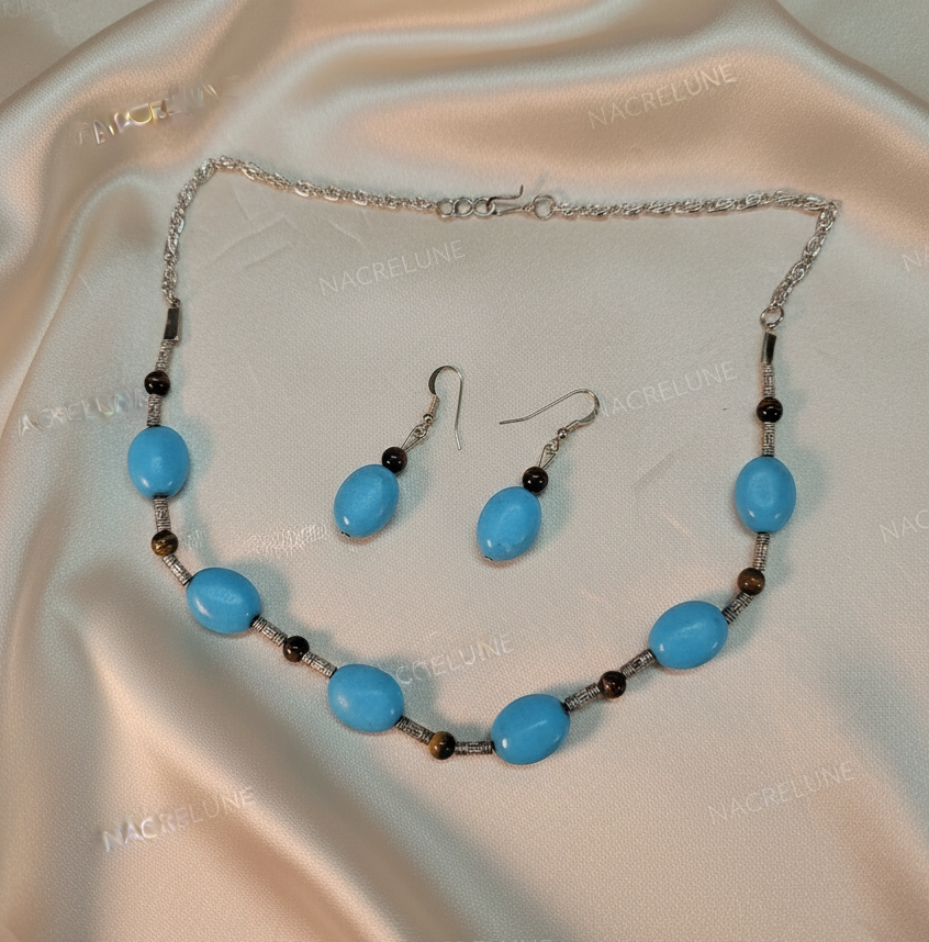 Parure en perles de turquoise et d'oeil du tigre NACRELUNE parure