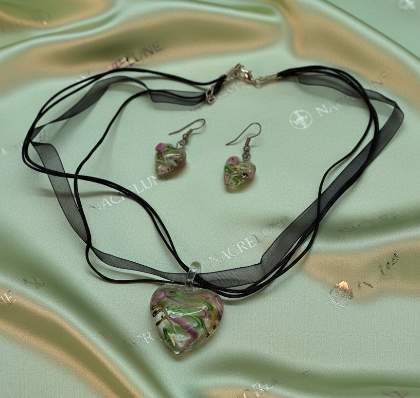 Parure coeurs en verre décoré : choisissez votre couleur NACRELUNE parure